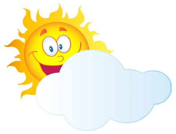 Happy Sun Cartoon Character Hiding Behind Cloud. — Stock Vector