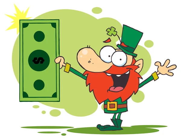 Cartoon leprechaun holding dollar — Stock Vector