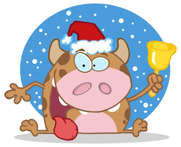 Dessin animé vache de Noël avec cloche — Image vectorielle