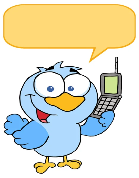 Pássaro azul com telefone celular — Vetor de Stock