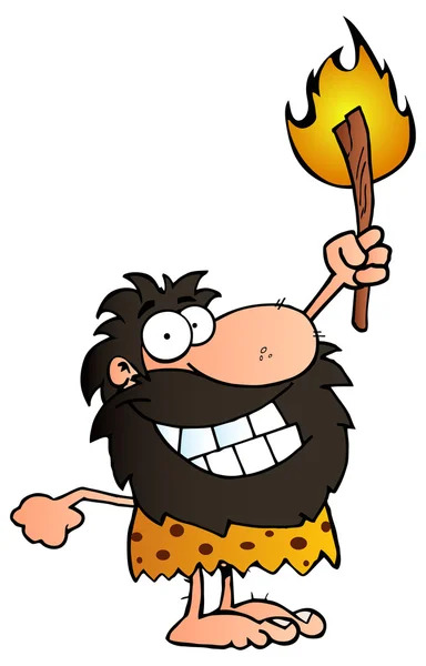 Happy Caveman Holding Up A Torch.Vector Illustration - Stock Illustration. 