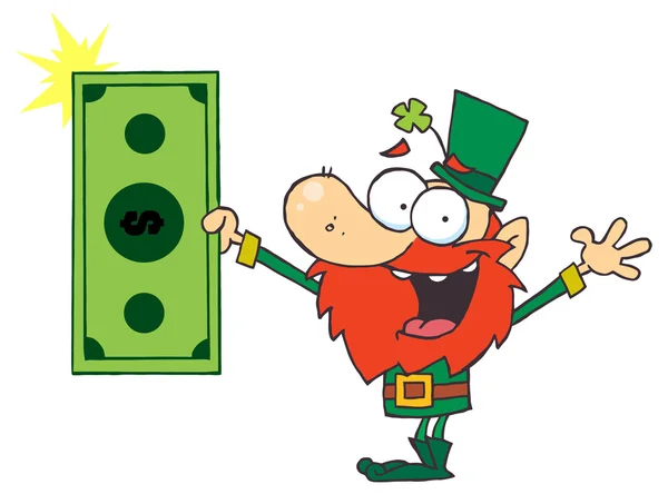 Cartoon leprechaun holding dollar — Stock Vector