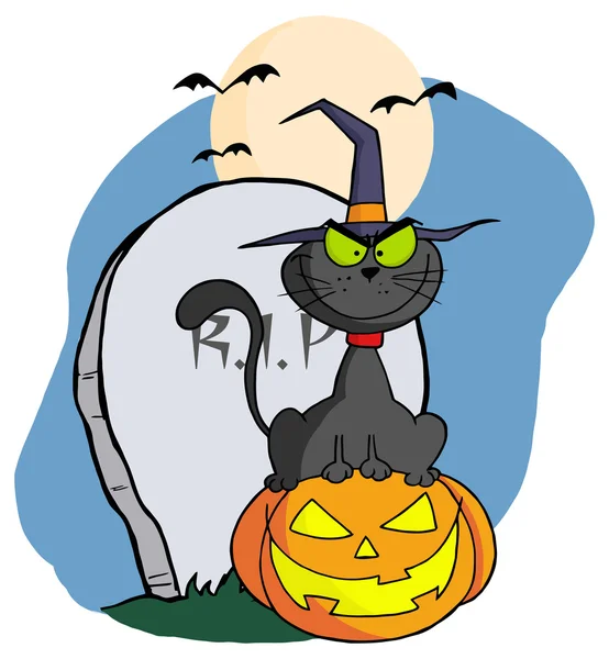 Gatto di Halloween su zucca — Vettoriale Stock