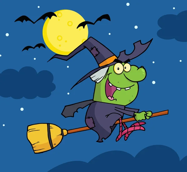 Witch Ride Broomstick Night — Stock Vector