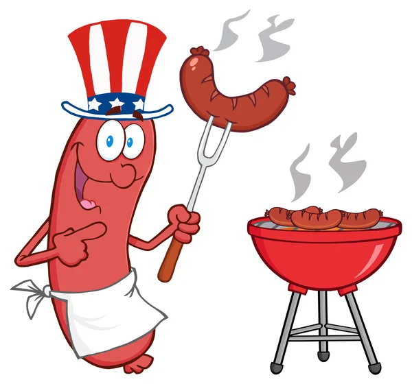 Happy Sausage  At Barbecue — Stock Vector