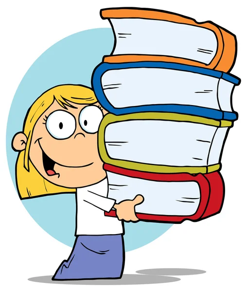 School Girl Carrying A Stack Of Books — Stock Vector