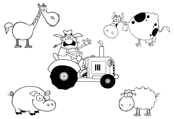 Animais de fazenda e agricultor em trator — Vetor de Stock
