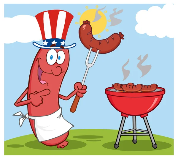 Happy Sausage Cooks At Barbecue — Stock Vector