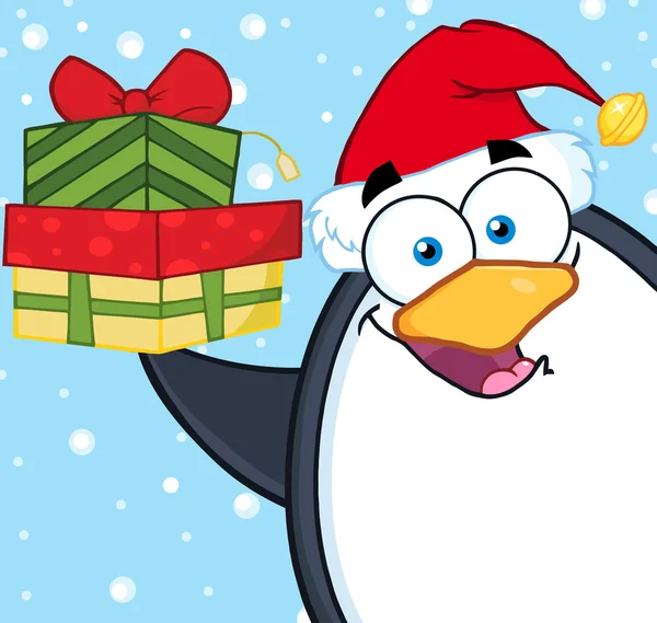 Pinguin hält einen Stapel Geschenke hoch — Stockvektor