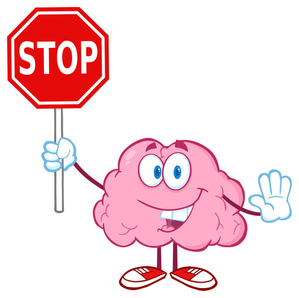 Brain Character with Stop Sign.
