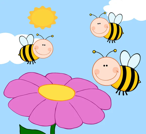 Pszczoły latające nad kwiat — Wektor stockowy
