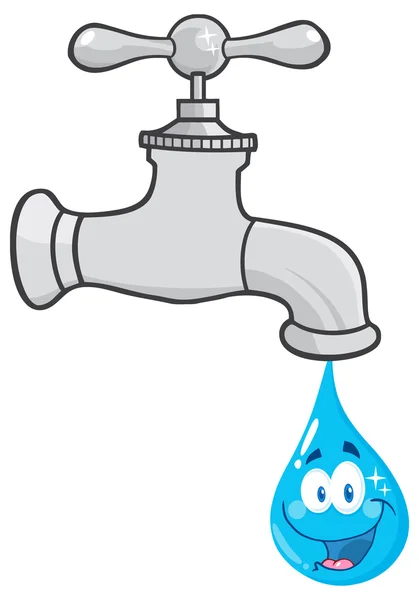 Water Faucet With Smiling Water Drop Cartoon Character. — Stock Vector