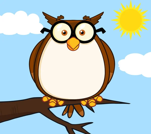 Wise Owl On Tree Character. — Stock Vector