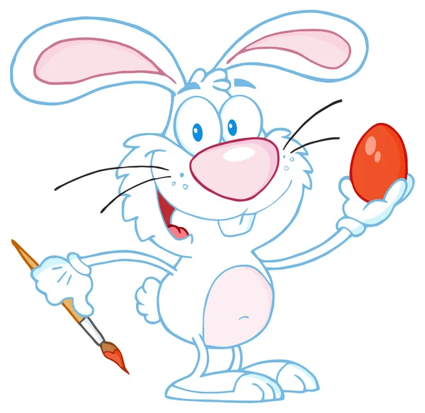 Happy Gray Rabbit Painting Easter Egg Vector Illustration — Stock Vector