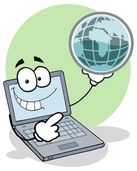 Laptop-Figur hält Globus in der Hand — Stockvektor