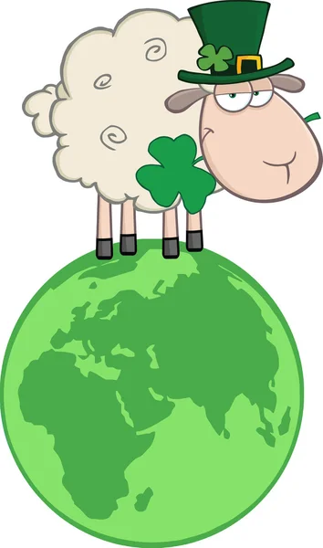 Irish Sheep  with Clover  on  Globe — Stock Vector