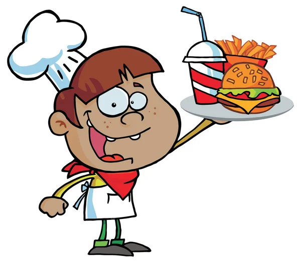 Burger Boy con hamburguesa con queso, papas fritas y bebida — Vector de stock