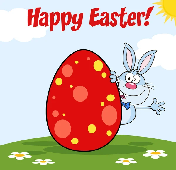 Conejo ondeando detrás de huevo de Pascua . — Vector de stock