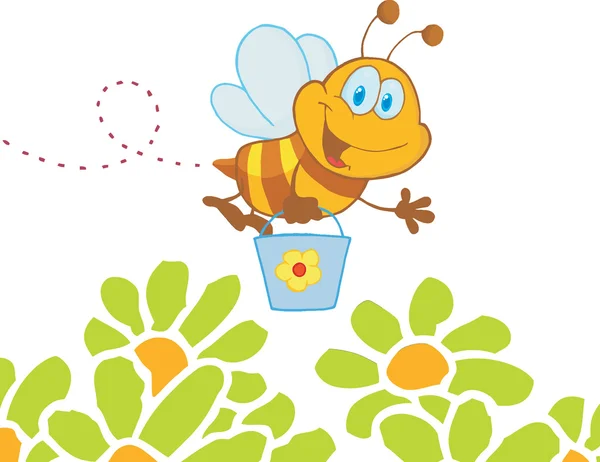 Bee Flying Bucket In The Flowers — Stock Vector