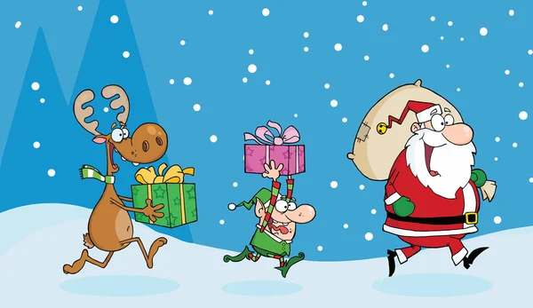 Cartoon santa claus, renar och elf — Stock vektor