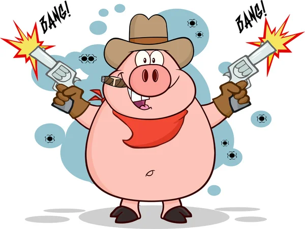 Cowboy Pig With Two Guns. — Stock Vector