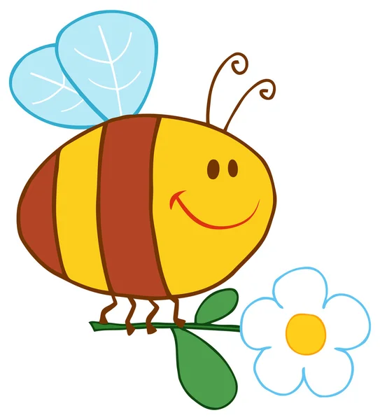 Abeja feliz volando con flor — Vector de stock