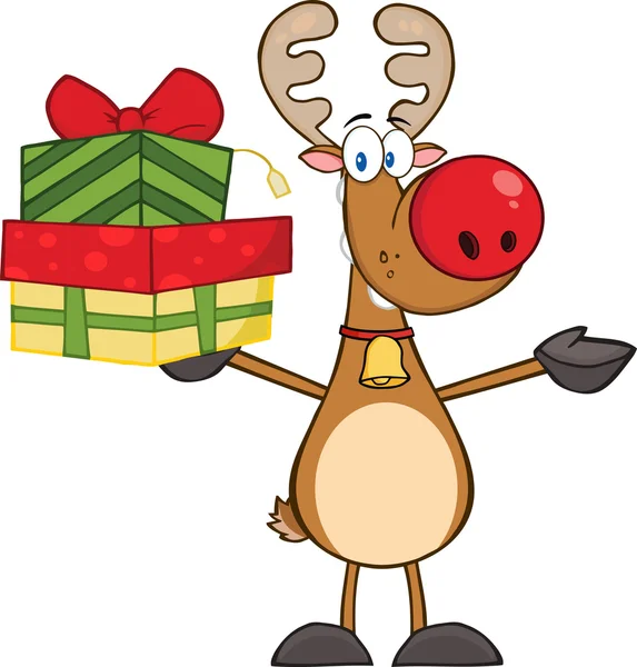 Happy Reindeer Holding Up A Stack Of Gifts — Stock Vector