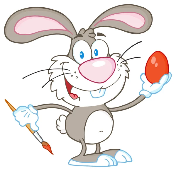 Glücklich Grauen Kaninchen Malerei Osterei Vektor Illustration — Stockvektor
