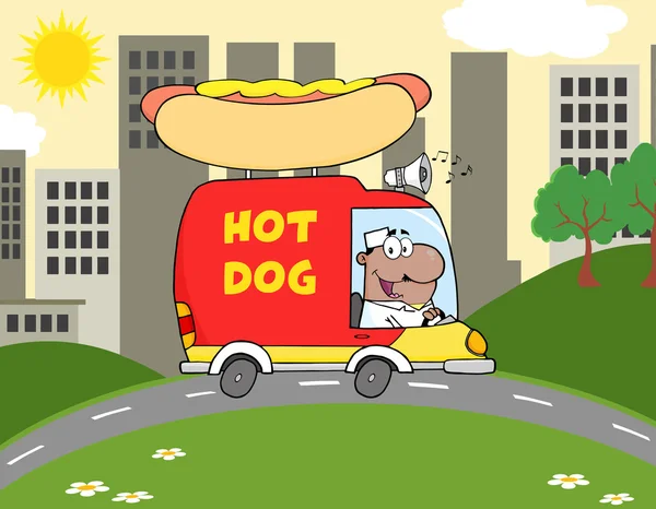Vendedor de perros calientes afroamericanos conduciendo camión en la ciudad — Archivo Imágenes Vectoriales