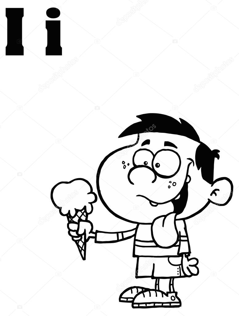 Lettera I di alfabeto con ragazzo del fumetto che mangia il gelato illustrazione di vettore libro da colorare — Vettoriali di HitToon
