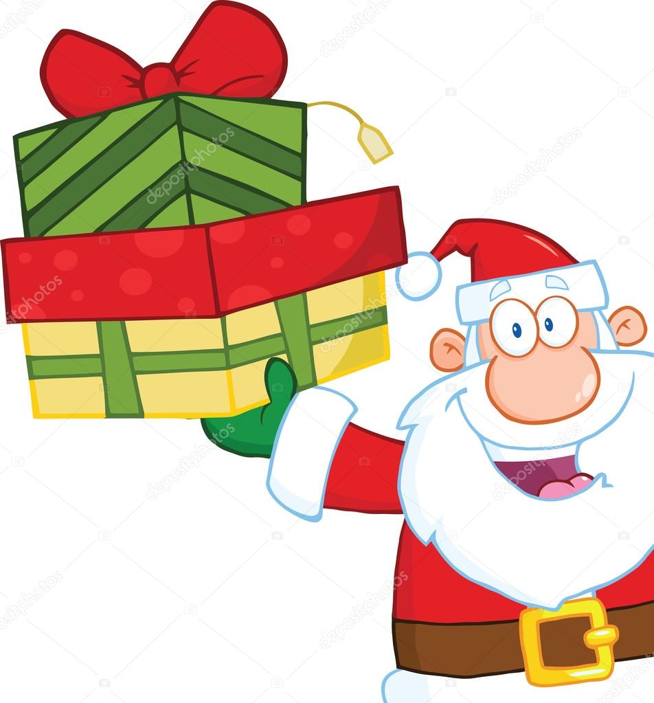 Smiling Santa Claus Holding Up A Stack Of Gifts