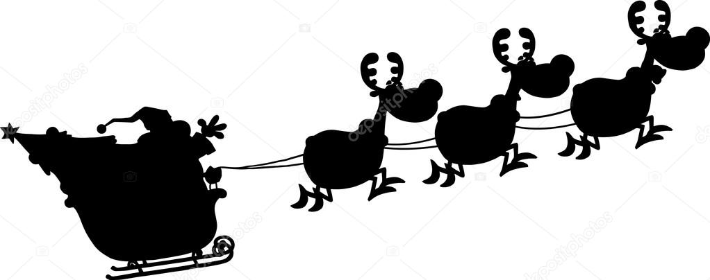 Red Silhouettes Of Santa Claus In Flight With His Reindeer And Sleigh