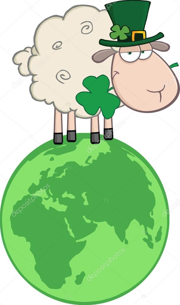Irish Sheep  with Clover  on  Globe