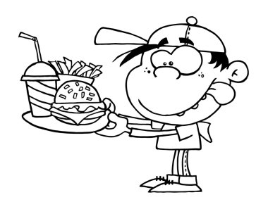 Boy çizburger, kızarmış patates ve içki ile