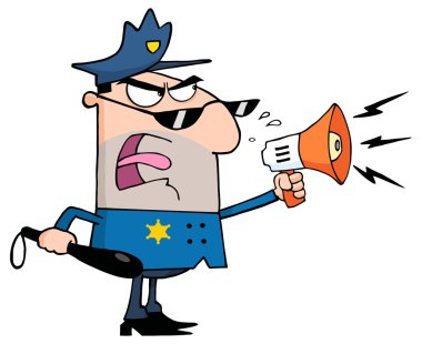 öfkeli polis memuru bir megafon bağırıyor.