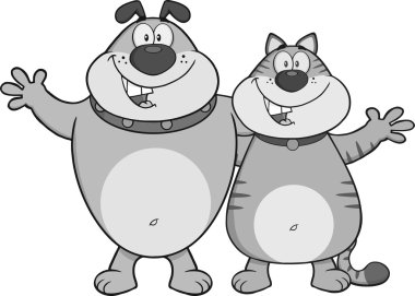 Köpek ve kedi çizgi film karakterleri sarılma