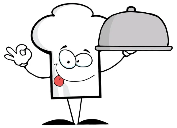Chefs sombrero carácter servir comida — Vector de stock