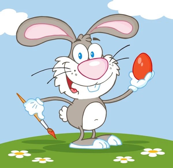 Happy Gray Rabbit Painting Easter Egg Vector Illustration — Stock Vector