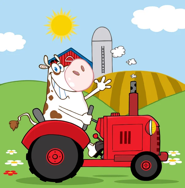 Vaca de granjero en tractor — Vector de stock