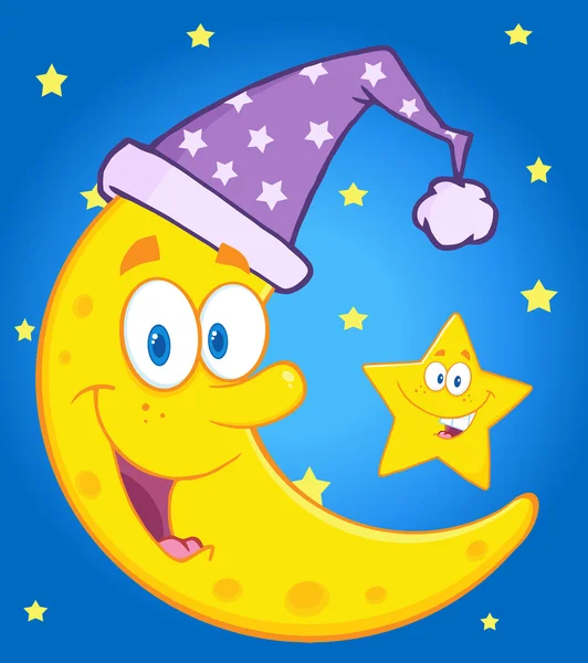 Smiling Crescent Moon With Sleeping Hat And Happy Little Star — Stock Vector