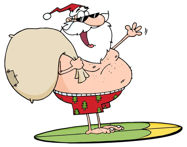 Santa com presentes surf a bordo —  Vetores de Stock