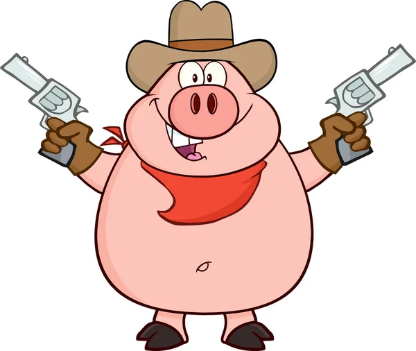 Cowboy Pig with Two Revolvers. — Stock Vector