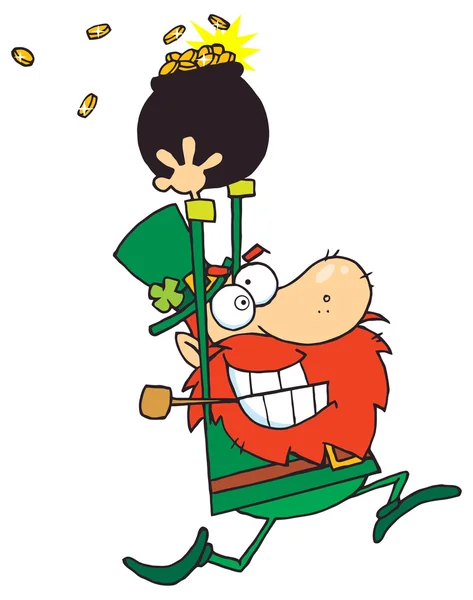Cartoon leprechaun running with gold pot — Stock Vector