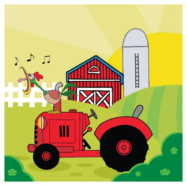 Gallo cantando en Tractor Vintage — Vector de stock