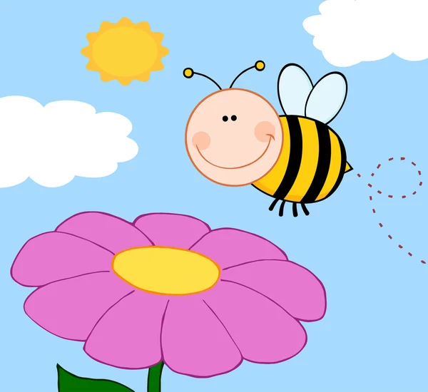 Bee Flying Over Flower — Stock Vector