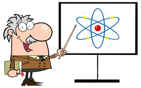 Professor discutindo um diagrama de átomo —  Vetores de Stock