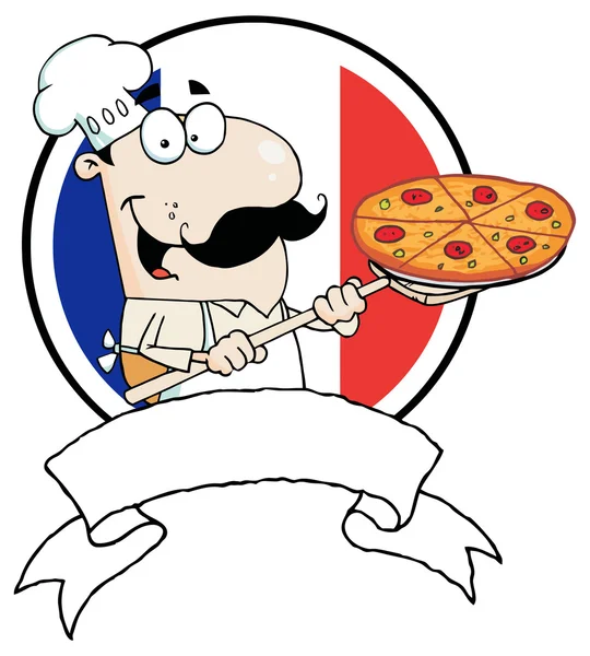 Chef con Pizza en Bandera de Francia — Vector de stock