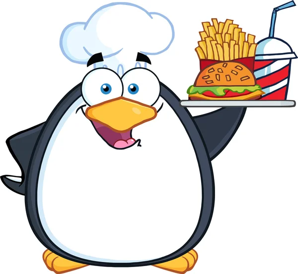 Пингвин держит блюдо с едой — стоковый вектор