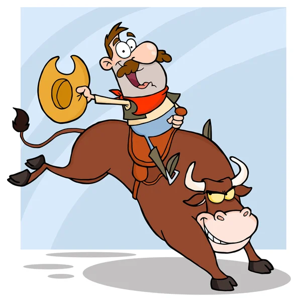 Boldog Cowboy Riding rodeó bika. — Stock Vector
