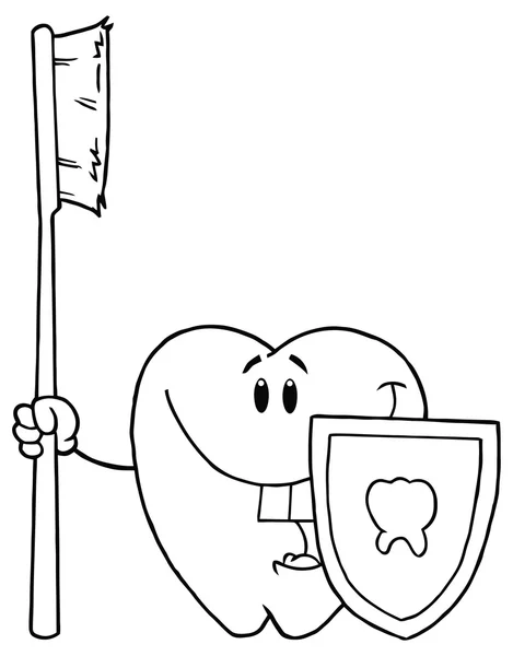 Мультяшный зуб с щёткой и щитом — стоковый вектор